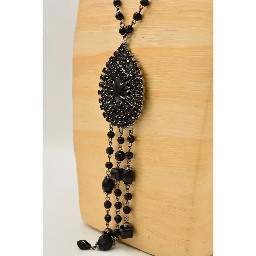 Coldwater Creek Vintage Black Rhinestone Teardrop Tassel Statement Necklace BinY